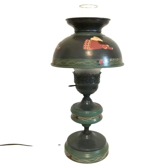 VTG Hand Painted Folk Art Angel Shade Electric Table Lamp Signed Joan Schneier - Picture 1 of 10